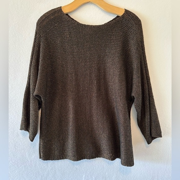 Eileen Fisher 3/4 Sleeve Shimmer Chainette Top Sweater Organic Linen Medium - Picture 3 of 5